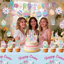 1pc/2pcs Easter Tablecloth With Rabbit And Egg Basket Pattern, Suitable For Easter Dinner And Spring Party - Multicolor - View 3