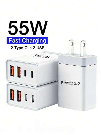 快速充电美规A型插头110-127V 3PCS/2PCS/1PC 55W超快4端口充电器，配备2个USB-A端口和2个USB-C端口，墙式充电器，完全兼容 17/16/15/14/13/12系列以及三星Galaxy S26/S25/S24/S23系列，非常适合家庭、办公室和旅行使用，情人节礼物系列。