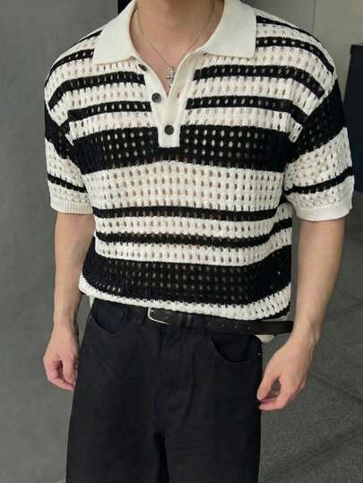 男士新款休闲宽松简约镂空拼接撞色条纹时尚复古百搭通勤优雅Polo领纽扣套头短袖T恤针织衫，春夏款