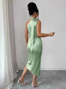 Women's Sage Green Solid Elegant Party Wedding Guest One Shoulder Flower Ruched Slit Satin Midi Dress Summer Spring Beach Vacation Outfits Prom Season Graduation Season Wedding Season Holiday Season Cocktail Dress Bodycon Dress - Mint Green - View 2