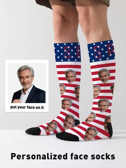 1 Pair Customized Face Socks, Customized Photo Socks, Customized Printed Mid-Calf Socks, Can Print Any Face On Socks, Suitable As Anniversary, Easter, Mother's Day, Valentine's Day, Father's Day Gifts, Bride Gifts, Boyfriend Gifts, High-Quality Funny Expression Printed Couple Socks, Men's Calf Socks, New Spring/Summer Women's Long Socks. Suitable For Daily Wear, Office, Outdoor Sports.