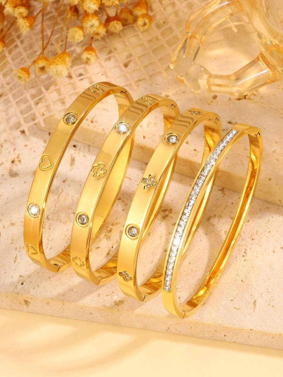 4 pièces Ensemble de bracelets de luxe en acier inoxydable, convient pour le port casual, les festivals de musique, les fêtes, les voyages, les anniversaires, les cadeaux - Doré - Voir 1