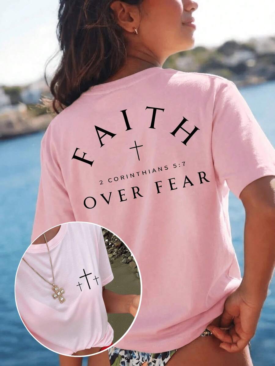 Women's "Faith Over Fear" T-Shirt With Bible Verse, Regular Fit, Christian Inspirational Graphic T-Shirt, Comfortable, Casual Short Sleeve 2026, Round Neck, Faith Clothing For Summer - 粉色 - 查看 1