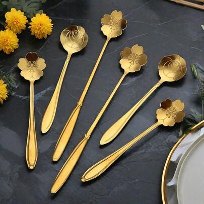 Kit 6 Pcs Colher de Café Design de Flor Cerejeira Aço Inoxidável Colher Dourado