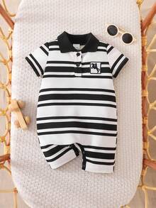Summer Baby Fashionable Striped Black & White Polo Collar Embroidered Romper - Black - View 2