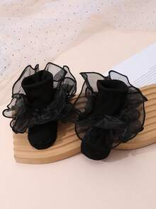 1 par de calcetines de media caña con volantes de unicolor para niños/niños pequeños, versátiles para el uniforme escolar - Negro - Ver 7