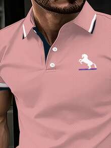 One Pcs Men's Pink Contrast Collar & Equestrian Logo Polo Shirt, Slim Fit 3-Button Placket Business Commute Short Sleeve Top - Nhiều màu - Xem 2