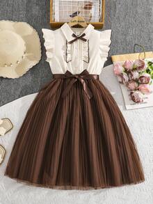 Left Mama Đầm lưới tay ngắn thắt nơ thanh lịch cho bé gái, kiểu dáng học sinh thường ngày, thích hợp cho mùa hè. - Màu be - Xem 1