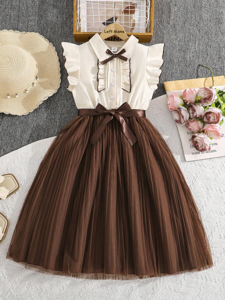 Left Mama Đầm lưới tay ngắn thắt nơ thanh lịch cho bé gái, kiểu dáng học sinh thường ngày, thích hợp cho mùa hè. - Màu be - Xem 1