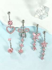 5 piezas de anillos de ombligo elegantes con forma de flor, mariposa y corazón de circonita cúbica, aptos para uso diario, fiestas, vacaciones y playa - juego de 5 piezas - Ver 6