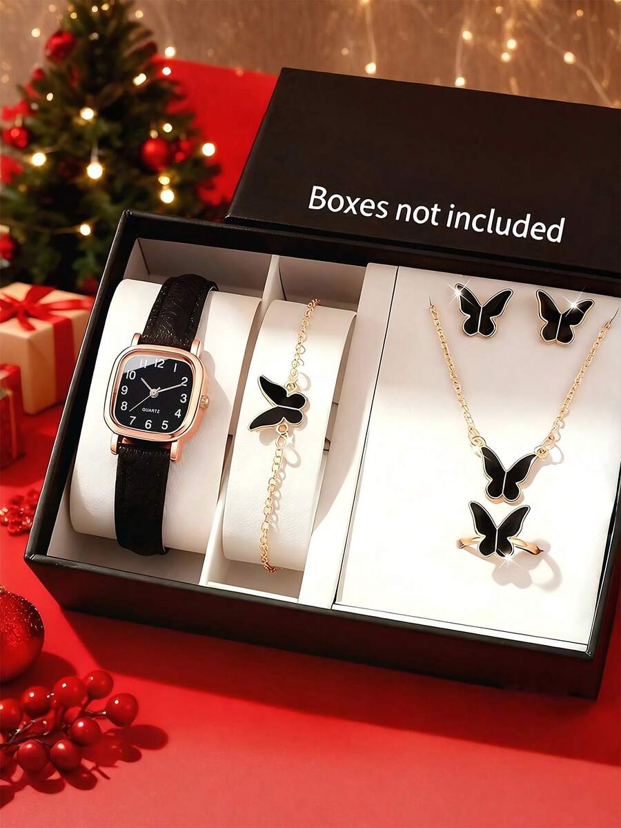 6件套女孩时尚简约方形表盘石英表，适合女孩佩戴，搭配蝴蝶装饰项链、手链、戒指和耳环，是理想的生日/节日礼物，适合日常生活，例如返校、聚会和旅行。也是毕业季、情人节和送给女孩的完美礼物。 - 黑色 - 查看 1