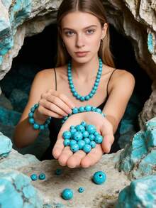 30/1000颗天然石珠，4-10毫米圆形绿松石宝石，散珠配弹力绳，可用于DIY手链和项链。 - 藍色 - 查看 1