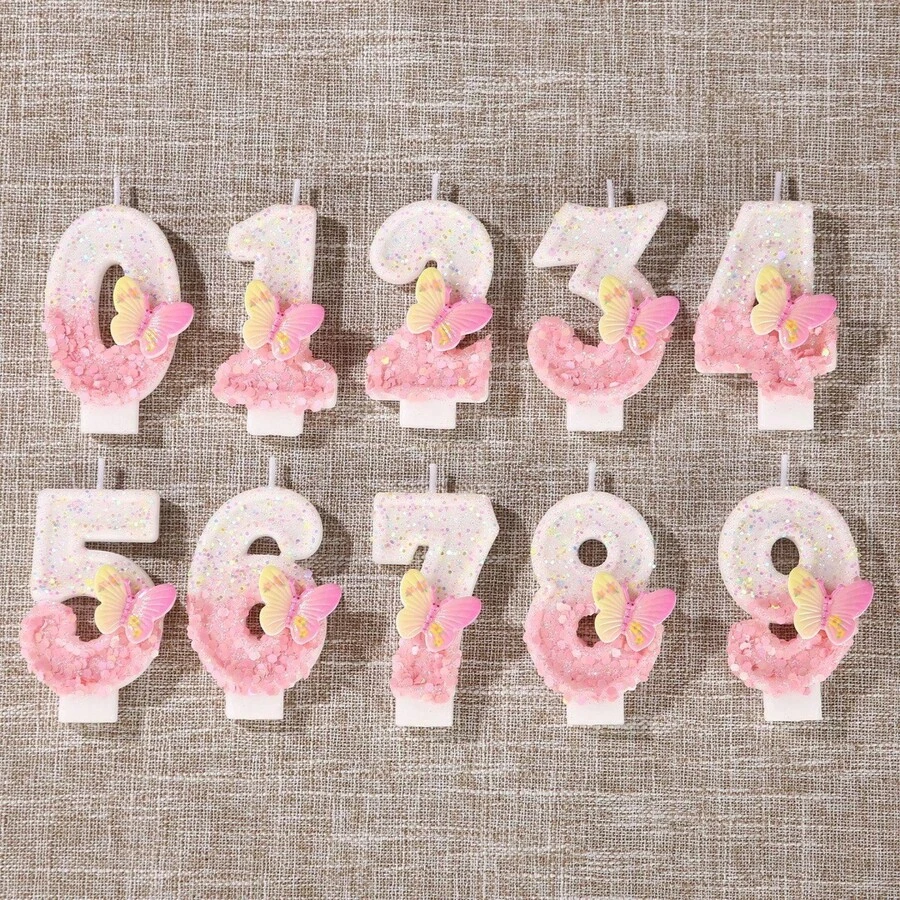 1支粉白蝴蝶生日蜡烛,花卉蝴蝶创意数字蛋糕蜡烛,适用于生日派对、周年纪念、毕业典礼、圣诞节、新年、情人节等场合装饰 - 彩色 - 查看 1