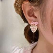 Sweet Checkered Love Bow Earrings, Fashionable And Versatile Imitation Pearl Earrings, Fashionable Jewelry Accessories, Give Her A Gift - 粉色 - 查看 2
