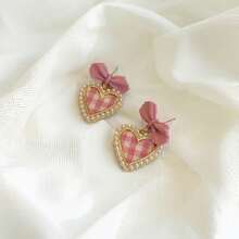 Sweet Checkered Love Bow Earrings, Fashionable And Versatile Imitation Pearl Earrings, Fashionable Jewelry Accessories, Give Her A Gift - 粉色 - 查看 4