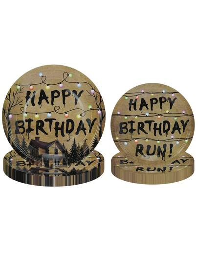 20pcs/40pcs/60pcs Retro Scary House Paper Plates Spooky Rustic Alphabet Tableware Sets 7 Inches 9 Inches Dessert Plates Party Decorations Forest Dinner Plates For Happy Birthday Party Supplies