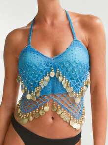 Áo croptop buộc dây tua rua đính sequin dành cho nữ, trang phục múa bụng phong cách Bohemian cho các lễ hội và buổi biểu diễn. - Nhiều màu - Xem 3