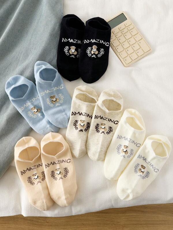 5 pares de calcetines cortos para mujer, calcetines tobilleros con estampado de letras de oso, aptos para todas las estaciones, colores aleatorios