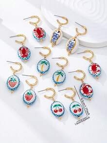 1 Đôi bông tai dáng dài kiểu Bohemian hình cây cọ, anh đào, tôm hùm và cua, làm bằng sứ vẽ tay, chủ đề đại dương và nhiệt đới, trang sức dành cho nữ, thích hợp đeo hàng ngày và đi biển. - Nhiều màu - Xem 8