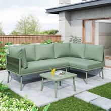 Garden Lounge Set Made Of Iron, Garden Furniture Set Made Of Green Rope, L-Shaped Garden Furniture Set, Lounge Set Made Of Green Rope With Seat Cushions, Adjustable Feet, 2 Sofas And 1 Table - Green + Iron - View 5
