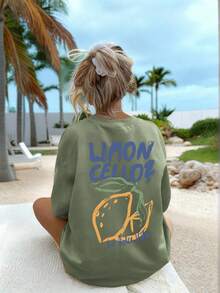 女士夏季新款柠檬图案字母印花圆领短袖T恤，休闲宽松百搭上衣，时尚日常穿着 - 草綠 - 查看 1