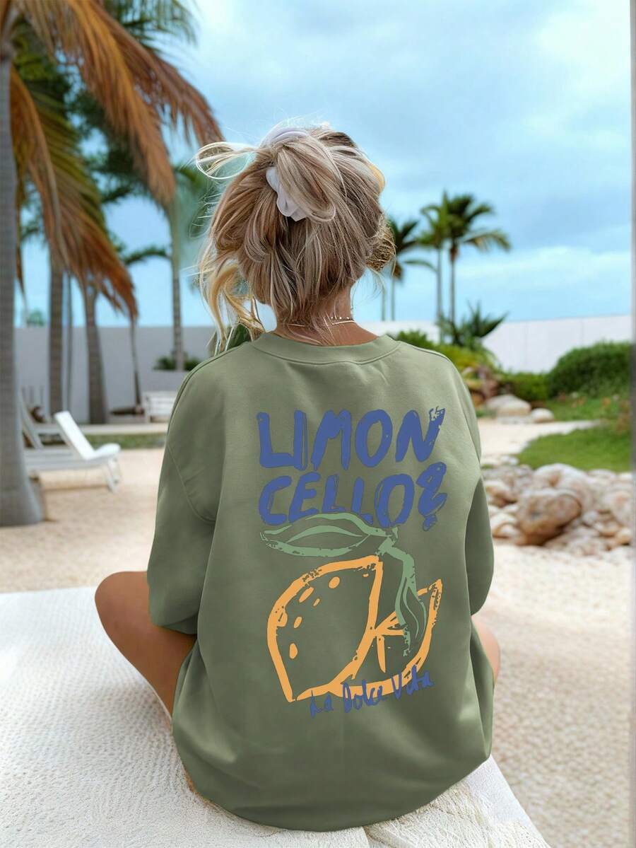 女士夏季新款柠檬图案字母印花圆领短袖T恤，休闲宽松百搭上衣，时尚日常穿着 - 草綠 - 查看 1