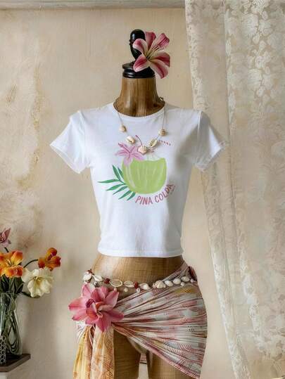 女士 Y2K 休闲度假短袖圆领 T 恤，舒适透气面料，适合春夏外出穿着，修身版型修饰身材，是度假旅行 T 恤的最佳选择。