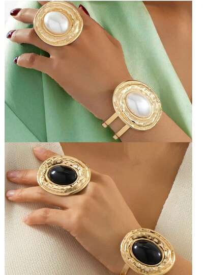 1 Set Luxurious Fashion Exaggerated Glamorous Creative Adjustable Oval Faux Pearl Bracelet + 1 Elegant Ring Fashion Jewelry Set, Suitable For Women To Wear On Vacation, Travel, Festivals, Gift