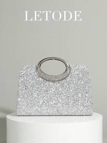 镶钻首饰项链耳环手链套装，搭配奢华闪亮水钻手拿包，适合派对、浪漫婚礼、春夏链条单肩包、新娘包、正式舞会手拿包、优雅晚礼服包。 - 銀色 - 查看 4