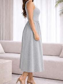 AME MODAS Elegant Sleeveless Midi Dress, A-Line Cut, For Women, In Knit Fabric, Round Neck, Casual Style, High Elasticity And Solid Color. - 淺灰色 - 查看 3