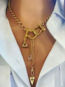 1 pieza Collar de mujer con broche de doble herradura, colgante del zodíaco y colgante de ojo malvado, diseño lujoso y versátil, adecuado para fiestas y vacaciones - Dorado - Ver 7