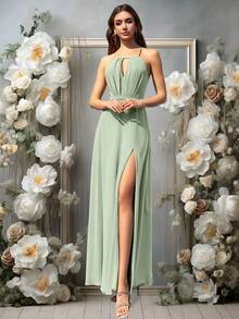 Volly Toych 鼠尾草绿优雅A字褶皱雪纺正式伴娘礼服、婚礼宾客礼服、度假礼服 - 青瓷色 - 查看 2