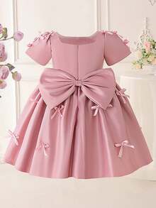 Young Girls' Short Sleeve Faux Pearl Bow Satin Elegant Birthday Party Dress, Suitable For Flower Girl, Wedding, Graduation, Prom, Faux Pearl Decor, Headband Not Included - Dusty Pink - View 6