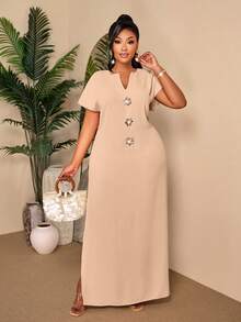 BIUBIU Đầm dài cỡ lớn màu be có cúc trang trí - Cổ chữ V, tay ngắn, thắt eo, xẻ tà sau, thích hợp cho kỳ nghỉ hè và mặc thường ngày thanh lịch. - kaki nhẹ - Xem 3