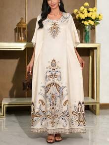 女士杏色印花连衣裙 - 休闲优雅，圆领，蝙蝠袖，无弹力，春夏款，适合日常穿着及女士新年优雅礼服 - 杏色 - 查看 1