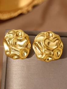 不锈钢不规则圆形耳环，独特设计，凹凸纹理元素，现代奢华风格，金色，女士日常通勤、派对、生日礼物 - 耳環 - 查看 5