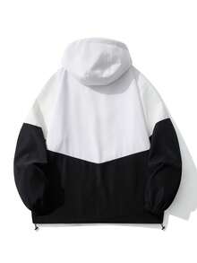 Plus Size Men's Color Block Windbreaker Jacket, Hooded Windproof Casual Sports Coat - Black and White - View 2