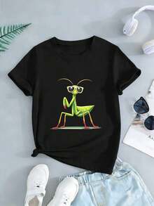 Maglietta da donna Cool Mantis Graphic nera primaverile, tessuto di alta qualità, vestibilità ampia, traspirante, street hip-hop, design grafico - nero - Visualizzare 2