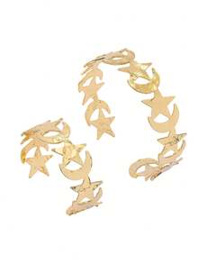 2pcs/Set Fashionable Gold Metal Star & Moon Bracelet & Bangle Set, Suitable For Teenage Girls Daily, Ramadan, Holiday Outfits - Yellow Gold - View 6
