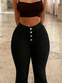 Women's Mid-Rise Flared Jeans, Sexy Ripped Elastic Raw Hem Denim Flared Pants, Casual Wear Fashion Trousers - TC08324黑色 - 查看 4