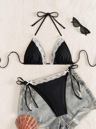 Elegant Women's Backless Camisole Contrast Color Lace-Up Bikini Set, High Elasticity Fabric Lift & Support, Suitable For Beach & Pool Vacation Black
