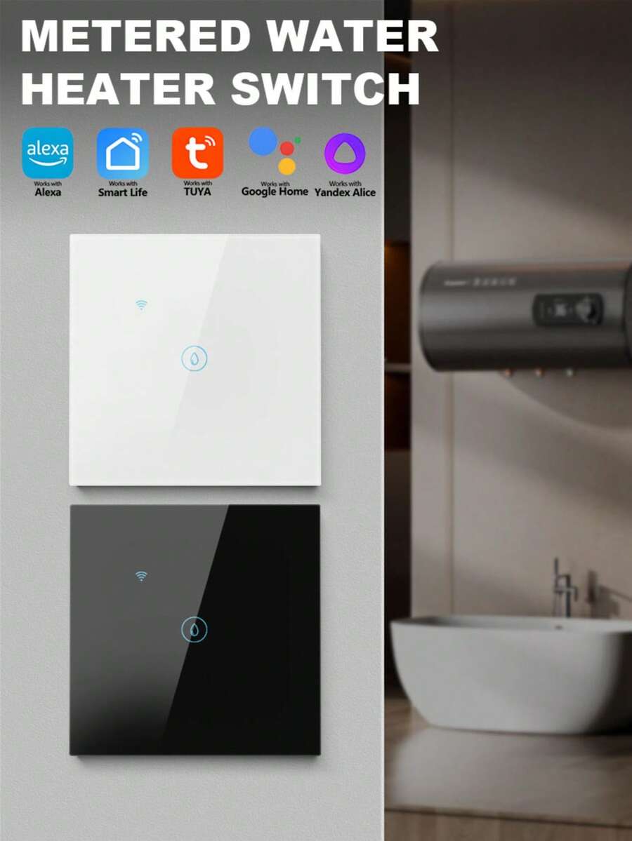 1pc Smart Water Meter Switch With Energy Monitor, ChevoLink WiFi And Bluetooth 5000W EU Wall Switch, DS-101GWN Black/White, Tracks Daily Power Consumption And Cost, Compatible With Alexa, Yandex Alice, Tuya Smart Life App For Remote Scheduling, 8mm Ultra-Thin Panel Suitable For Electric Water Heater - 彩色 - 查看 1