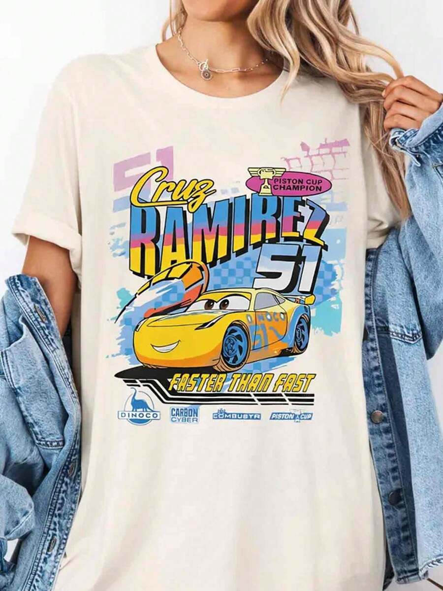 Disney UNIHLO FASTER THAD FAST   Print  Summer Casual Versatile Pure Cotton T-Shirt Suitable For Any Place - 白色 - 查看 1