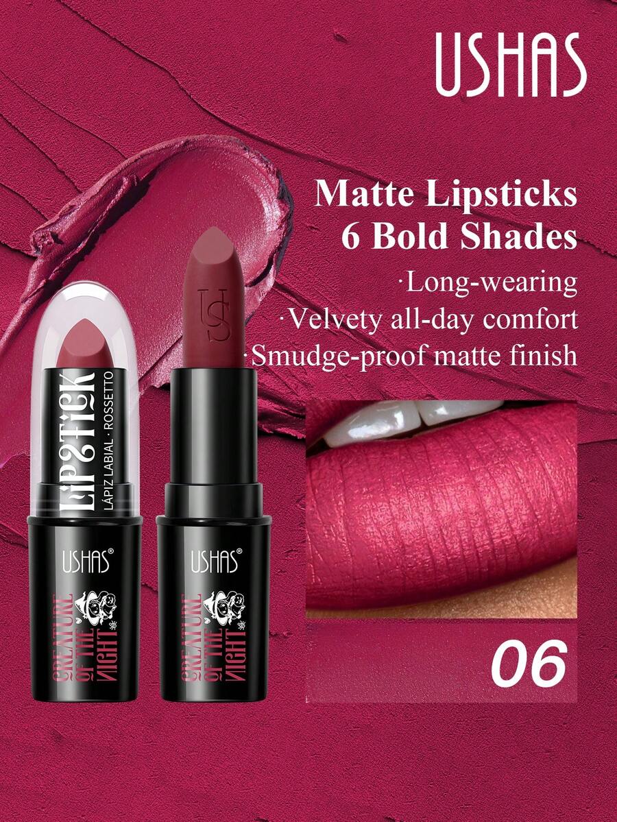 USHAS Dark-Toned Lipsticks, Suitable For Halloween Goth Makeup, Matte Velvet Texture, Smooth Application, Shades: Black, Dark Purple, Brown, Ideal For Parties, Holidays, Cosplay - #06 - 查看 1