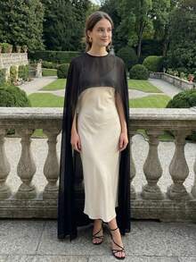 Ladies Sheer Cape Shrug, Bridal Long Shawl Wraps, Elegant Evening Outfit, Womens Poncho Shawl, Solid Color Cover-Up Capes Perfect For Special Occasions Stylish - Black - 黑色 - 查看 5