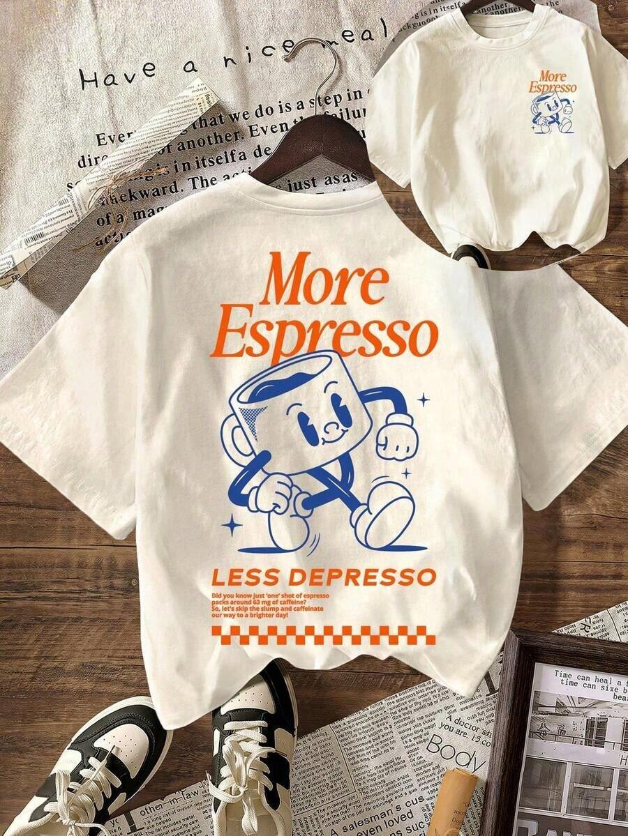 Camiseta de manga corta con cuello redondo y gráfico del Club de Café Espresso para mujeres, casual de verano - Albaricoque claro - Ver 1