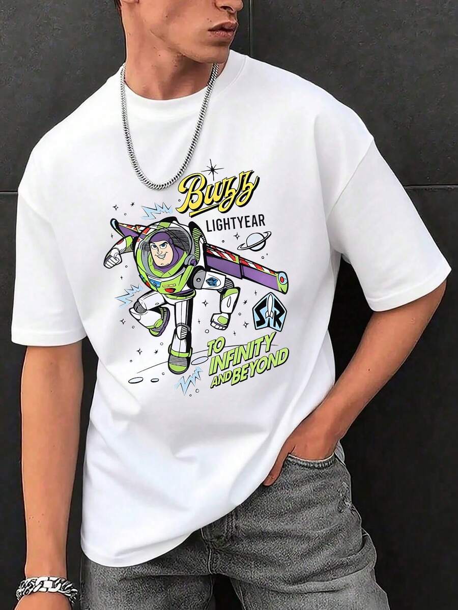Men's Disney Casual T-Shirt, "To Infinity And Beyond" Buzz Lightyear Print, Sci-Fi Design, Comfortable Soft Fabric, Perfect For Toy Story Fans - trắng - Xem 1