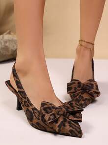 1 Pair Girls' Leopard Print Bow Decor High Heel Sandals, Suitable For Party & Vacation Wear, 2026 New Fashionable & Elegant Design For Teens - Brown - View 4