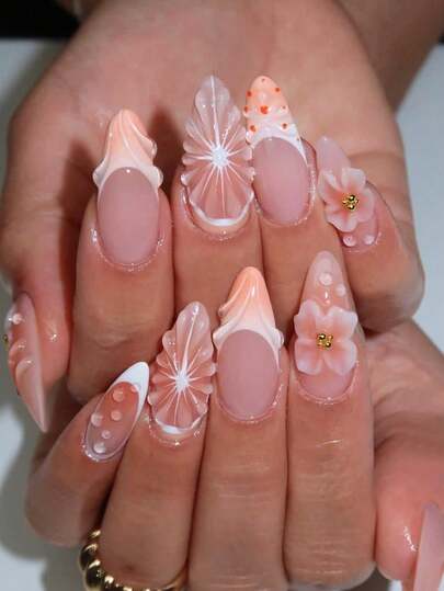 10 piezas de uñas postizas acrílicas con forma de almendra de tamaño mediano, estilo Y2K con decoración de flores francesas y cuentas doradas, adecuadas para salones de uñas, uso diario de mujeres y decoración de fiestas y regalos