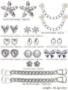 22pcs Silver-White Flower & Heart Shaped Hole Shoe Charms, Rhinestone + Pearl Material, Luxurious Sweet Style, Suitable For Hole Shoes - Silver-white Flower Chain Set - View 9
